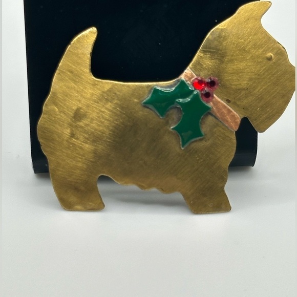 Vintage Brass Christmas Scottie Dog Brooch - Picture 3 of 4